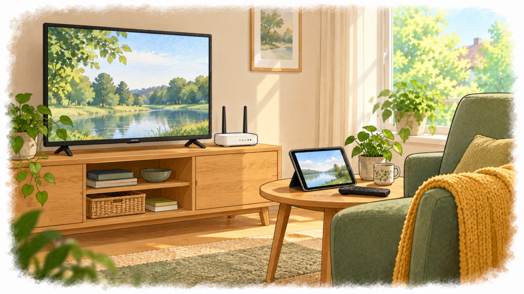 Illustration af tv, internetrouter og tablet i en hjemlig stue med lænestol og grønne planter.
